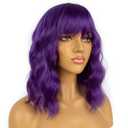 Dark Purple Short Bob Wigs with Bangs for Women Loose Wavy Wig Curly Wavy Shoulder Length Bob Synthetic Cosplay Wig for Girl Colorful Costume Wigs