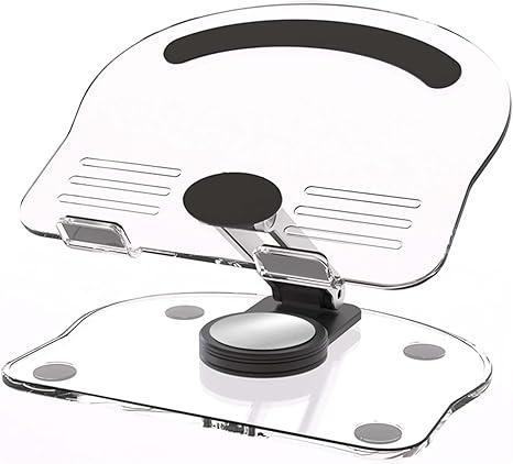 Acrylic Tablet Stand Holder with 360 Rotating Base, Foldable Adjustable Transparent Tablet Holder for Desk Home Office, Compatible with iPad Pro Air Mini and More (Black)