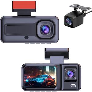 1080P Dash Camera for Car,3 Channel Dash Cam Front and Rear Inside G-Sensor, 3.16 IPS Screen, 24Hr Parking, 170Wide Angle, Loop Recording, IR Night Vision (A98 3channel)