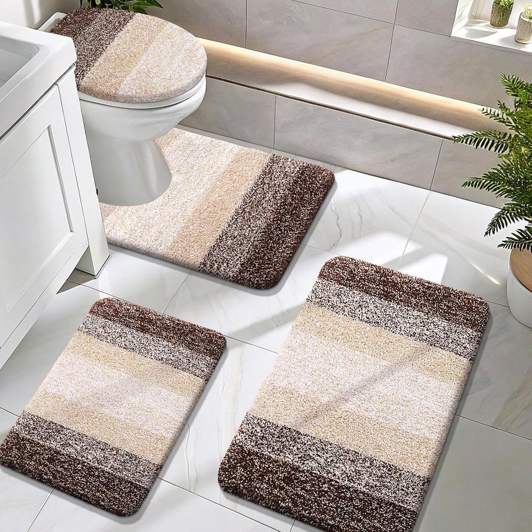 OLANLY Bathroom Rugs Sets 4 piece, Soft Microfiber Absorbent Bath Mat, U-Shaped Contour Toilet Mat and Toilet Lid Cover, Quick Dry, Machine Washable, Toilet Cover and Rug Set for Bathroom, Brown (30" x 20" + 24" x 16" + U24" x 20" + 17.5" x 15")