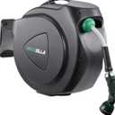 Retractable Garden Hose Reel, 100Ft x 5/8" Durable Wall Mounted Water Hose Reel with 180° Swivel Bracket, 9 Pattern Sprayer, 6Ft leader hose,Smooth Automatic Rewind, Any Length Lock.