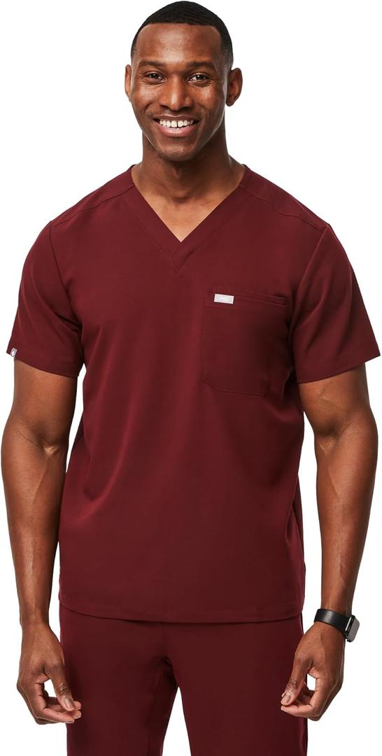 FIGS Leon Scrub Top for Men  3 Pockets, Tailored Fit, Modern V-Neck, 4-Way Stretch, Moisture-Wicking (Small, Burgundy)