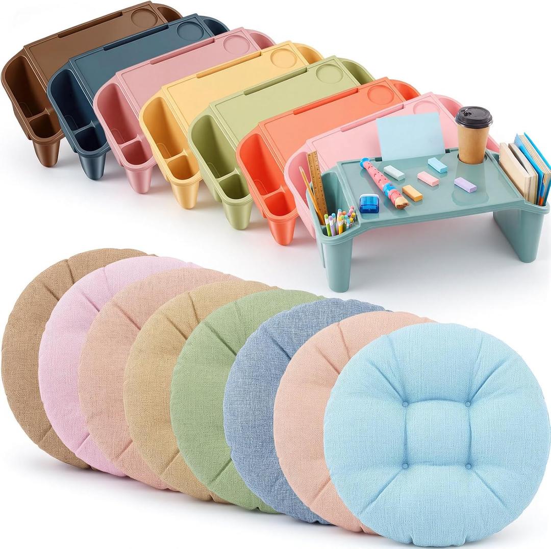 Supervitae 16 Pcs Kids' Lap Desk and Classroom Floor Cushions Set, Including Stackable Lap Tray 19.7 x 14.8 x 7.7'' & Floor Pillow 16'' for Classroom Kindergarten Daycare Nursery (Morandi Colors)