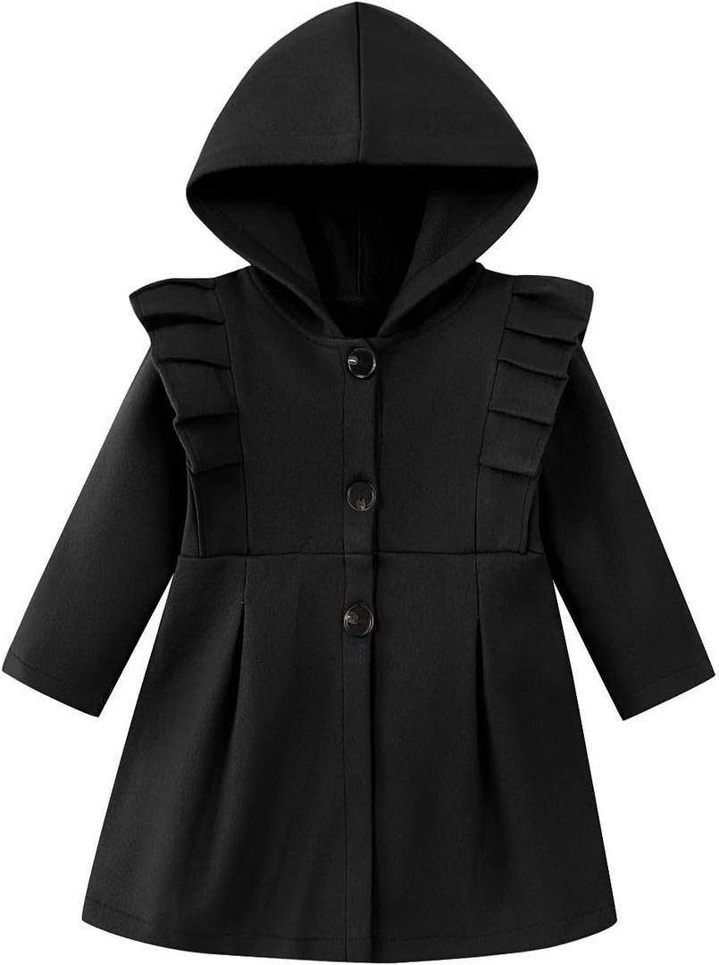 Toddler Baby Girl Clothes Jacket Coat Long Sleeve Solid Color Buttons Hooded Trench Coat Dress Fall Winter Outfit (1-2T, Black)