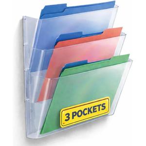1InTheOffice Wall File Holder, Wall Mount Clear Plastic File Holder, 3-Pocket, Letter Size