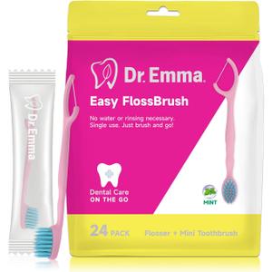 Dr. Emma Mini Brush Disposable Toothbrushes with Floss, Travel Mint Toothbrush for On-The-Go Use, 24 Packs Individually Wrapped Small Portable Toothbrush, Pink
