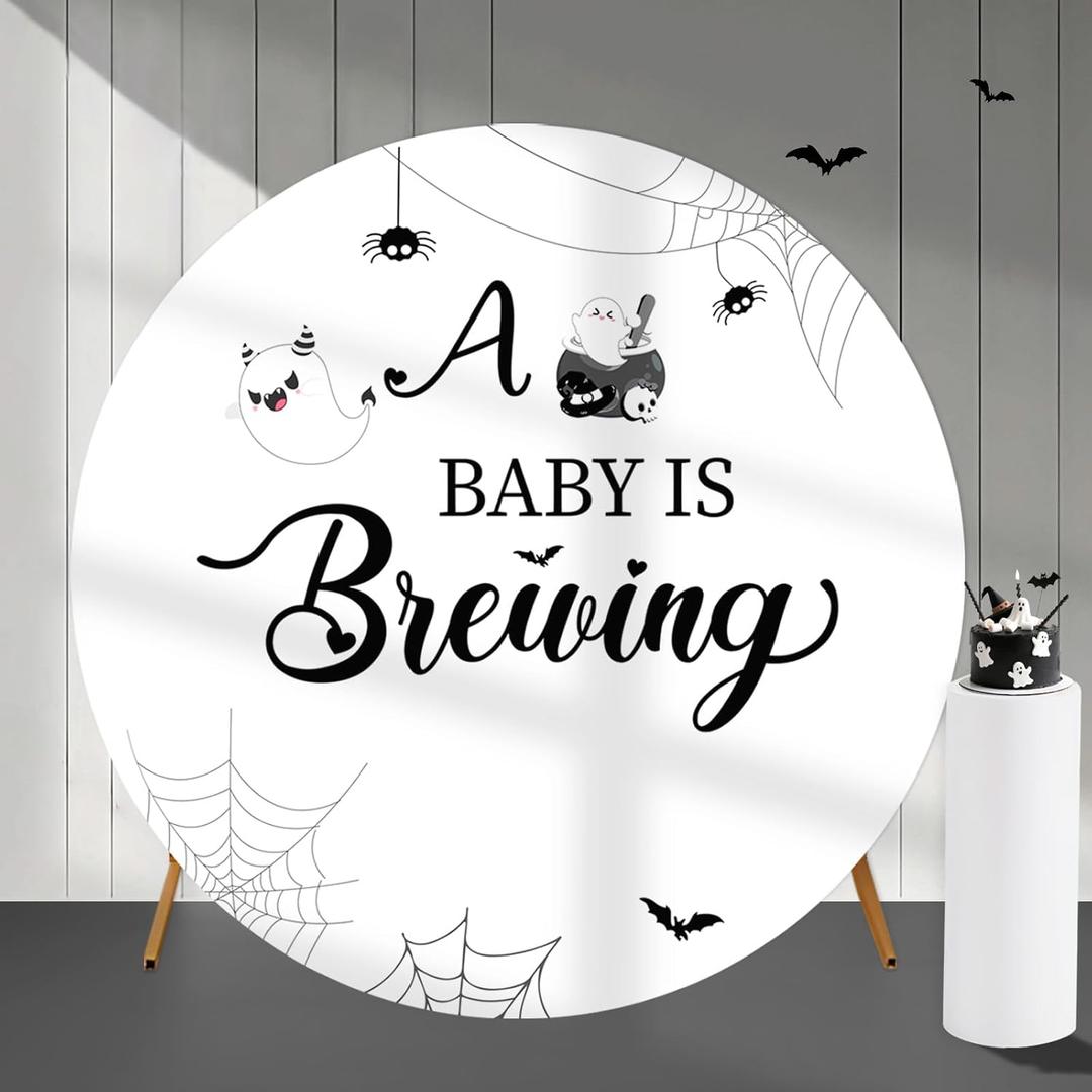 Halloween Baby is Brewing Round Backdrop Covers, 6 Ft Cute Ghost Stretchy Backdrop Stand Covers, Photography Background Circle Stand Covers for Baby Shower Gender Reveal Birthday Party Decor (white)