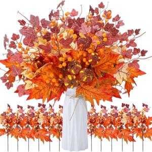 12 Pcs Pcs 20 Inch Fall Decorations Artificial Fall Flower Decor Maple Leaf Pumpkin Autumn Floral Picks Berry Stems Fake Flower Centerpieces for Table Thanksgiving Home Decor (Pumpkin)