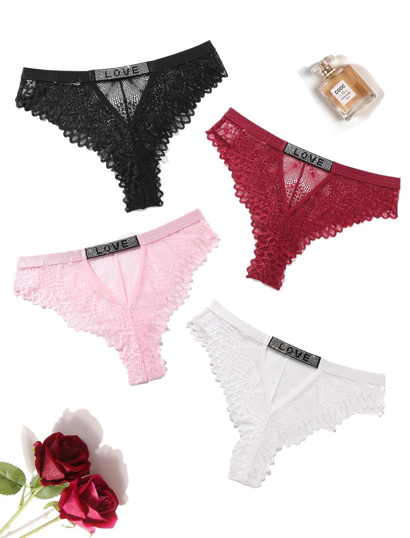 Avidlove Women Sexy Panties Lace Cheeky Panty Rhinestone Bikini Underwear 1-4 Pack (S)