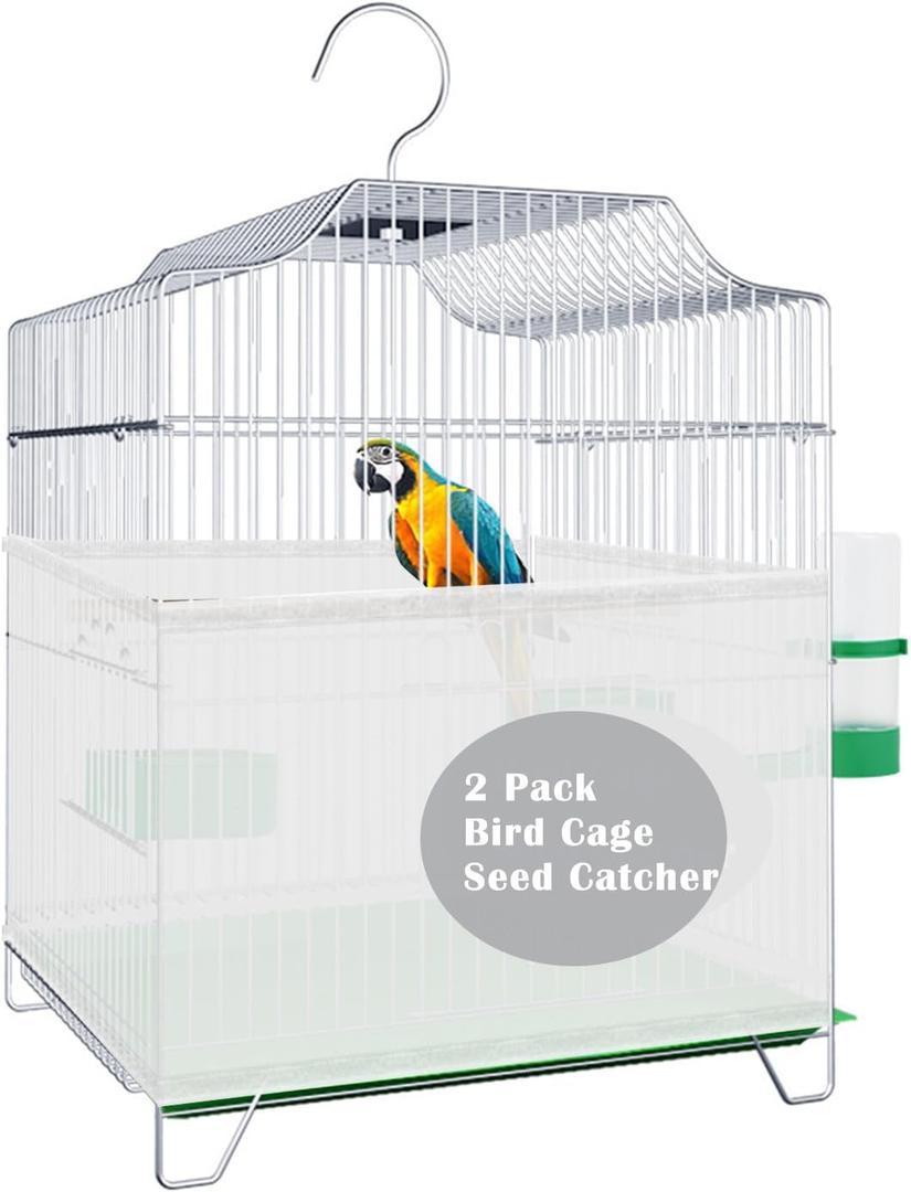 LWFCOEE Bird Cage Seed Catcher, Birdcage Skirt Guard, Adjustable Soft Nylon Mesh Bird Cage Netting Cover for Round Square Medium Bird Cages Circumference 40-60 Inch, White