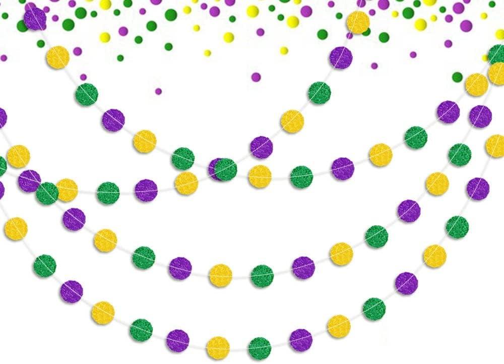 2 x 8 Strings Mardi Gras Hanging Garlands Glitter Green Purple Gold Circle Dots Garland Fat Tuesday Masquerade Paper Banner Hanging Ornaments for Backdrop Carnival Party Decorations - Single Sided