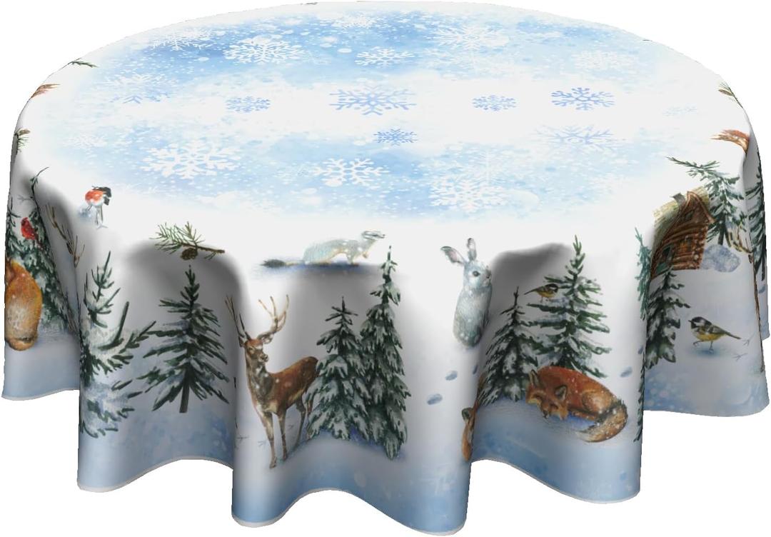 Giwawa Winter Deer Round Tablecloth 60 Inch Pine Tree Table Cloth Holiday Decorative Table Cover for Home Kitchen Dining Room Picnic Party