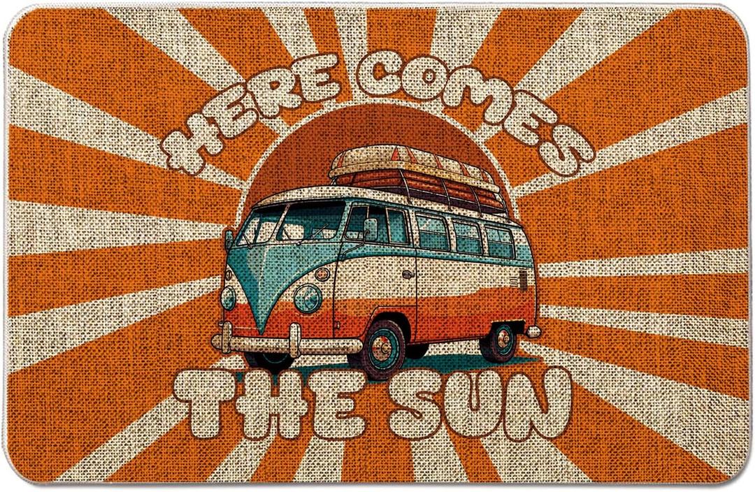 Summer Door Mat Here Comes The Sun Welcome Mat Outdoor Summer Hippie Decor Camping Entrance Rug Farmhouse Home Kitchen Floor Front Doormats 17 x 27 Inch