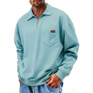 Yousify Men's Casual Quarter Zip Sweatshirt Lightweight Cotton Loose Fit Pullover Stylish Casual Polo Shirts with Pocket (X-Large, Blue)