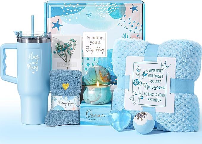 Birthday Gifts for Women Self Care Get Well Soon Gifts, Ocean Relaxing Spa Kit Bath Gift Basket Care Package w/ Flannel Blanket 40 OZ Tumbler, Mother's Day Gift for Mom Her Wife Girlfriend Sister