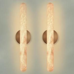 Alabaster Wall Sconce, Solid Brass, Hardwired, 23.6 in, Set of 2 | Natural Spanish Alabaster, LED Wall Lamp for Bathroom, Living Room, Bedroom, Hallway, Staircase, Dining Room