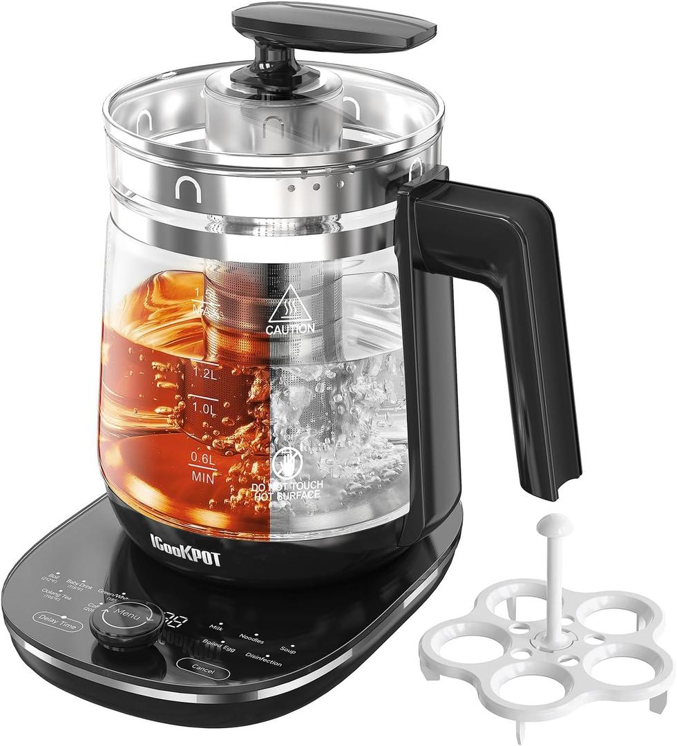 Glass Electric Kettle with Tea Infuser  1.5L Stainless Steel, 1200W Rapid Boil, Temp & Programmable Control for Teas/Coffee  Black