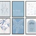 6Pcs Blue Coastal Wall Art Summer Beach Shell Wall Decor Pictures Light Blue Bikini Plant Starfish Posters Canvas Prints for Modern Shoreside Themed Home Decoration Bathroom Room Decoration Unframed