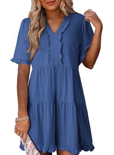 Dokotoo Summer Dresses for Women Short Sleeve V Neck Empire Waist Casual Flowy Swing Sail Blue Dress, Medium