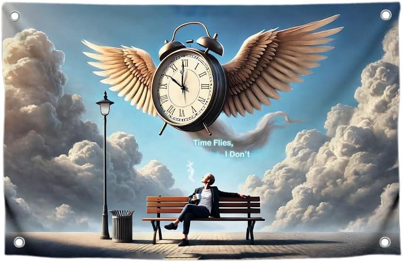 3x5 Feet O'clock Flag with Quote "Time Flies, I Don't" with Four Brass Grommets - Polyester Meme Tapestry Flag Time Design -Single Sided Banner for Wall Decoration - Relax Poster with Unique Design