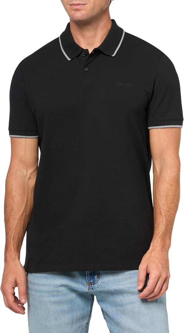 Calvin Klein Men's Stretch Pique Solid Tipped Polo (X-Large, Black Beauty)