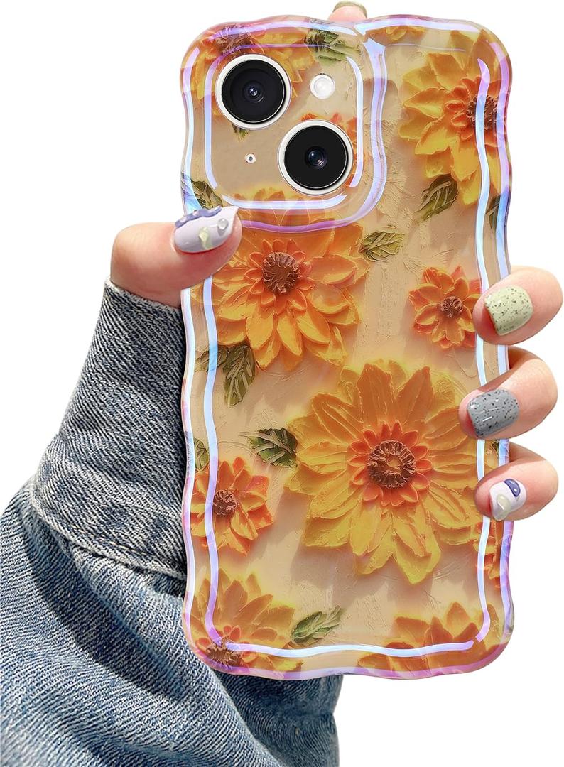 Jusy Compatible with iPhone 14, Colorful Retro Oil Painting Printed Flower Laser Glossy Pattern Cute Curly Wave Phone Case Soft TPU Cover for Girly Women - Sunflower
