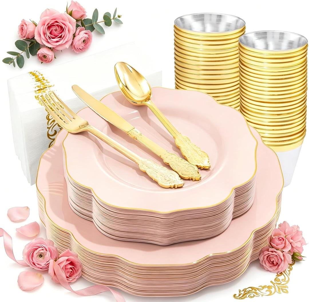NOCCUR 175PCS Pink Plates with Gold Disposable Silverware - Include 50 Pink Plastic Plates,25 Knives,25 Forks,25 Spoons,25 Cups and 25 Napkins - Ideal for Party/Wedding/Mother's Day