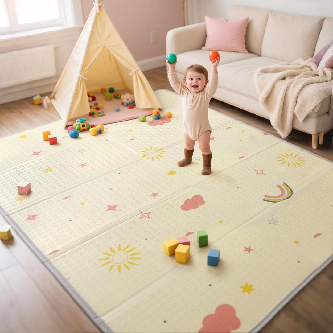 Extra Large Foldable Play Mat, Reversible Baby Play Mat with Edge Reinforcement, Non-Toxic & Waterproof Baby Mat for Floor, Foam Playmat with Travel Bag, Rainbow, Cloud & Moon, 79"x71" (71'' x 79'' x 0.6'')