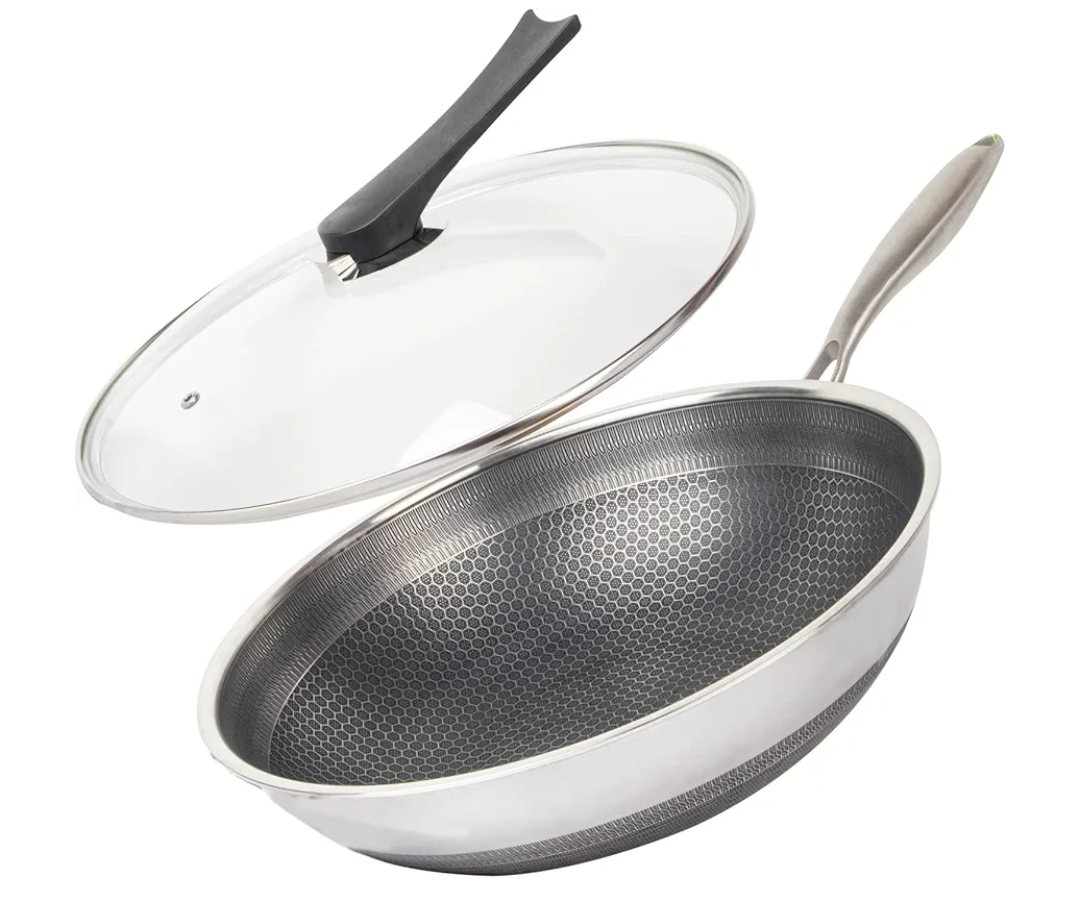 CATHYLIN 13'' 316L Stainless Steel Stirfry Wok with Lid,Non Stick Skillet with Staycool Handle PFOA Free Suitable for Induction, Ceramic, Electric, and Gas Cooktops CATHYLIN 13'' 316L Stainless Steel Stirfry Wok with Lid,Non Stick Skillet with Staycool Handle PFOA Free Suitable for Induction, Ceramic, Electric, and Gas Cooktops