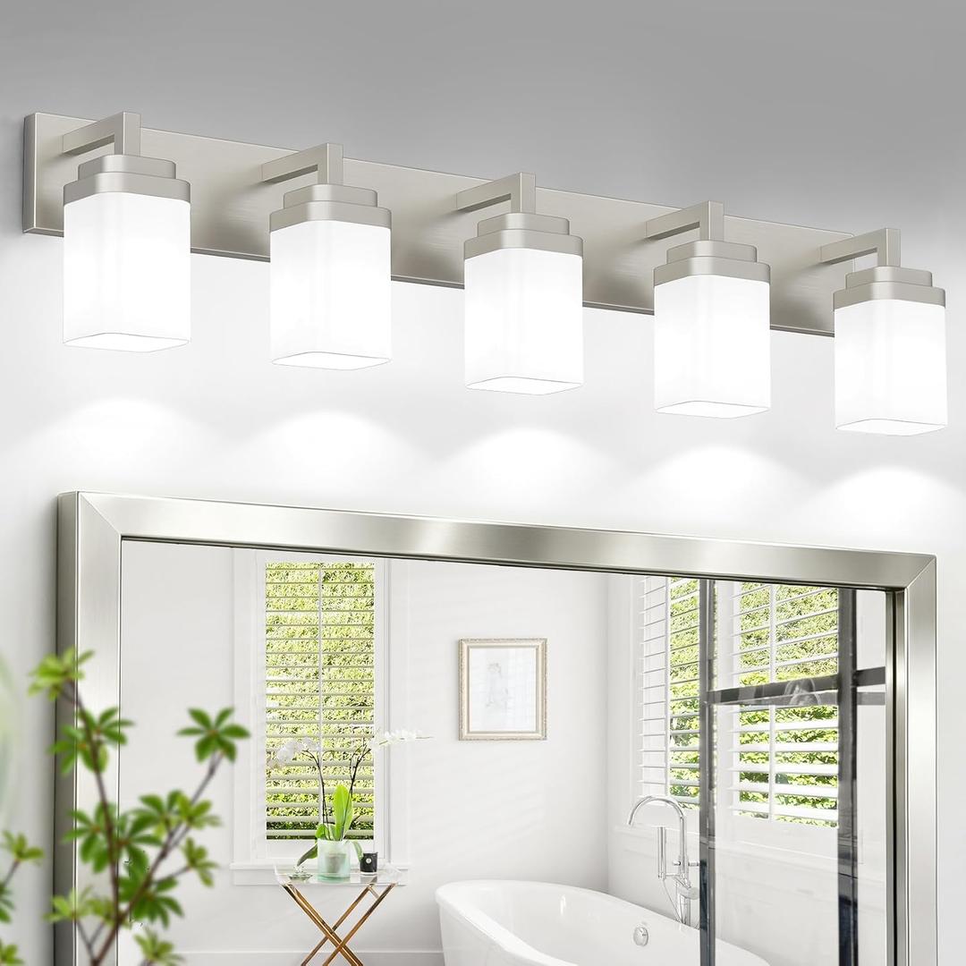 Brushed Nickel Bathroom Light Fixtures, Modern Vanity Lights with White Glass Lamp Shade, Bathroom Lighting Fixtures Over Mirror, Restroom Vanity Lighting Fixture, 5-Light 36 Inch