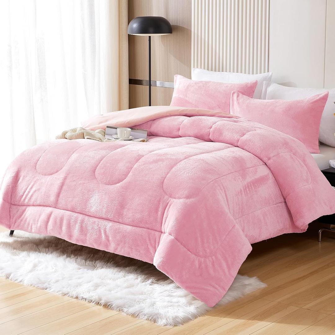 YIYEA Faux Fur King Size Comforter Set, Luxury Ultra Soft Fluffy Comforter, Plush Fuzzy Bedding Comforter Sets for Fall Winter, Cozy Warmth, No Shedding, 3PC, King, Pink