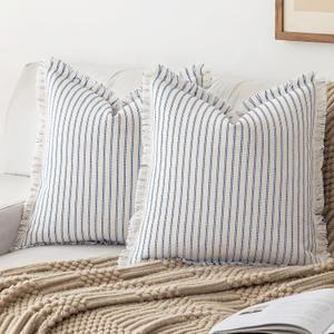 Striped Farmhouse Throw Pillow Covers 18X18 Set of 2 Boho Pillow Cover with Fringe Tassel Chic Cotton Decorative Pillows Modern Neutral Square Cushion Pillowcase for Sofa Couch Bed, Blue