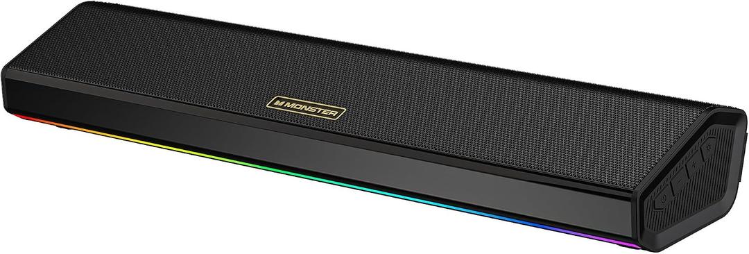Monster SD100 Computer Speakers for Desktop PC, 28W Stereo PC Speakers with TWS Wireless Pairing, Bluetooth 6.0 & 3.5mm Aux-in PC Sound Bar, Deep Bass, Built-in Mic, for Laptop, Monitor, Gaming Setup