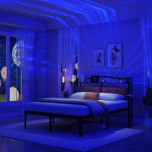 Full Size Bed Frame - Full Bed Frame with Headboard and Galaxy Projection Lights, 18 in Heavy Duty Metal Bed Frame No Box Spring Needed with USB Charging Station- Easy Assembly and Noise Free