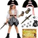 G.C Girls Pirate Costume 10Pcs Set , Kids Halloween Dress Up with Hat Treasure Map, Birthday Party Role Play Outfit, 140(9-10Y)