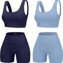 4 Piece Workout Sets for Women Seamless Ribbed High Waist Yoga shorts with Sports Bra Outfits (Medium, Navy Blue/Lake Blue)