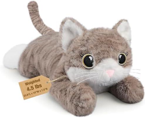 23.6" & 4.5 lbs Gray Cat Weighted Stuffed Animals for Comfort, Cuddly & Soft Kids' Plush Toy Pillows for Companion, Large Plushies with Removable Ceramsite Bag, Gifts for Adults, Kids, Boys and Girls