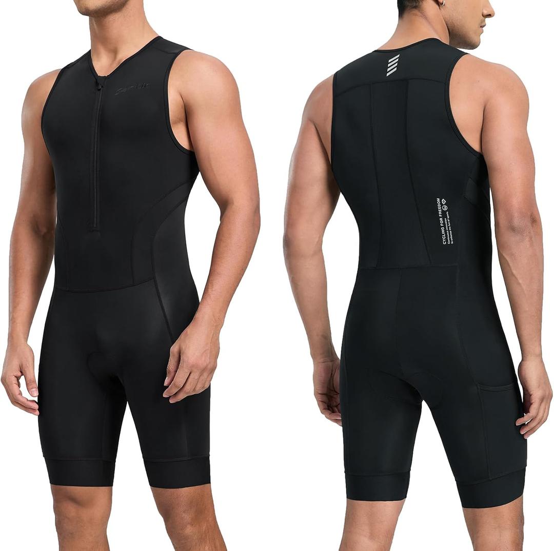 Santic Men's Triathlon Suit Sleeveless Skinsuit Padded Quick-Dry Swim Bike Run with Pockets (Black) S