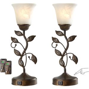 Set of 2 Touch Farmhouse Bedroom Table Lamps, Nightstand Vintage Flower Lamps with 2 USB Ports, 3 Way Dimmable Leaf Lamp for Living Room with White Glass Shades, Bulbs Included