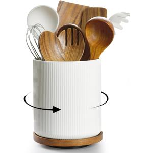 getstar 360 Rotating Large Kitchen Utensil Holder, Ceramic Cooking Utensil Holder for Kitchen Counter with Rotatable and Detachable Wooden Base (White)