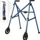 Stander Space Saver Walker, Lightweight Folding Rolling Mobility Aid for Seniors & Adults, Compact 2-Wheel Disability Device with 6-inch Wheels & Ski Glides for Walking Support, Cobalt Blue