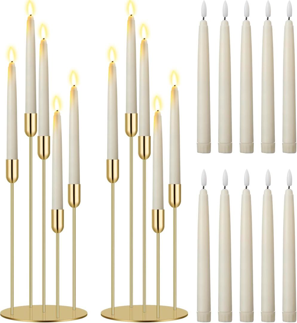 Baquler 2 Set 5 Arms Gold Candelabra Metal Candlestick Holders for Wedding with 10 Pcs Flameless LED Taper Candles for Christmas Ceremony Wedding Birthday Party Table Centerpiece Home Decoration