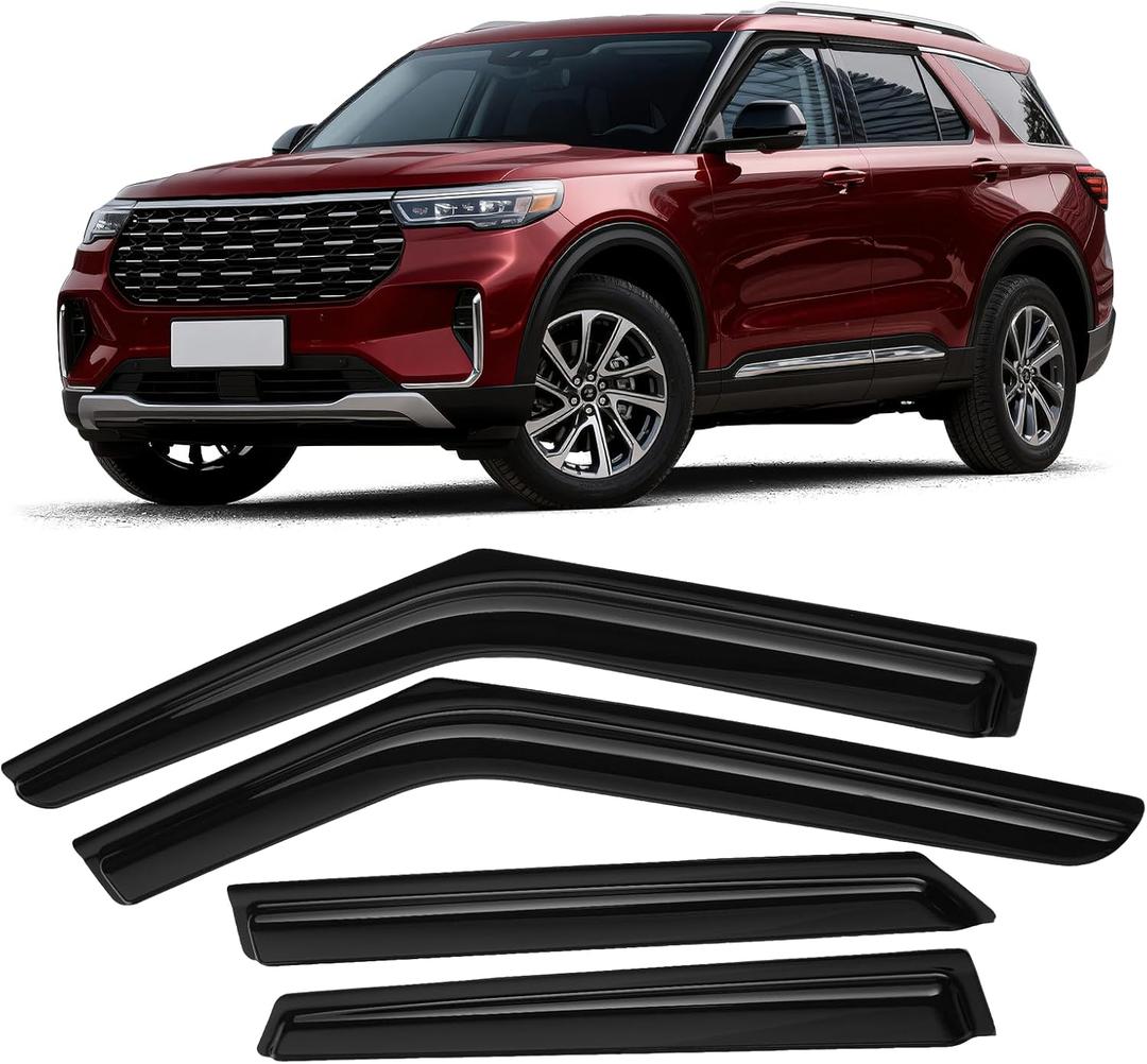 Canvcle Explorer Window Visors Rain Guards for Ford Explorer 2020-2025 2026, Outside-Mount Tape-On Side Window Wind Deflectors Vent Visors Shades Rainproof Explorer Accessories Black 4PCS