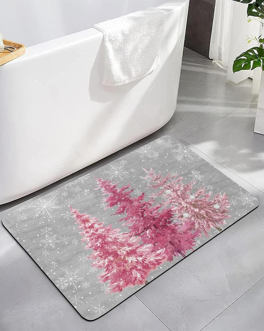 Abstract Christmas Tree Bath Mat for Bathroom Rugs Non Slip, Bath Mat Quick Dry Absorbent Bath Rug, Thin Rubber Backed Easy to Clean, Blush Pink Xmas Snowflake Grey 16"x24"