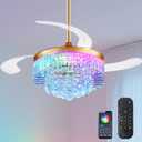 42 Inch Fandelier Ceiling Fans with Light - Retractable Crystal Ceiling Fan and Remote/APP Control, Noiseless DC Motor, RGB Dimmable Lights, Chandelier Ceiling Fan for Bedroom/Living Room Etc