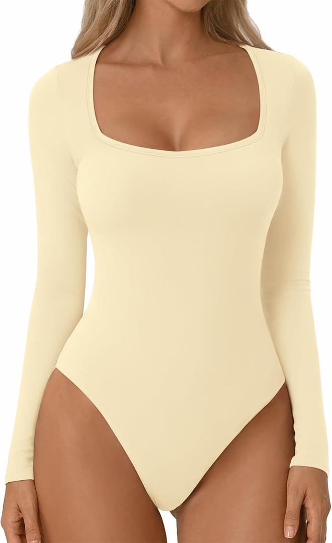 ATHMILE Women's Square Neck Long Sleeve Bodysuit Ribbed Slim Fitted Tops