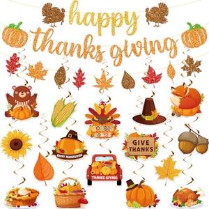 Thanksgiving Party Decorations, No-DIY Thanks giving Decorations Includes Glitter Happy Thanksgiving Banner, Fall Leaves Garland Banner, Friendsgiving Party Decorations Hanging Swirls