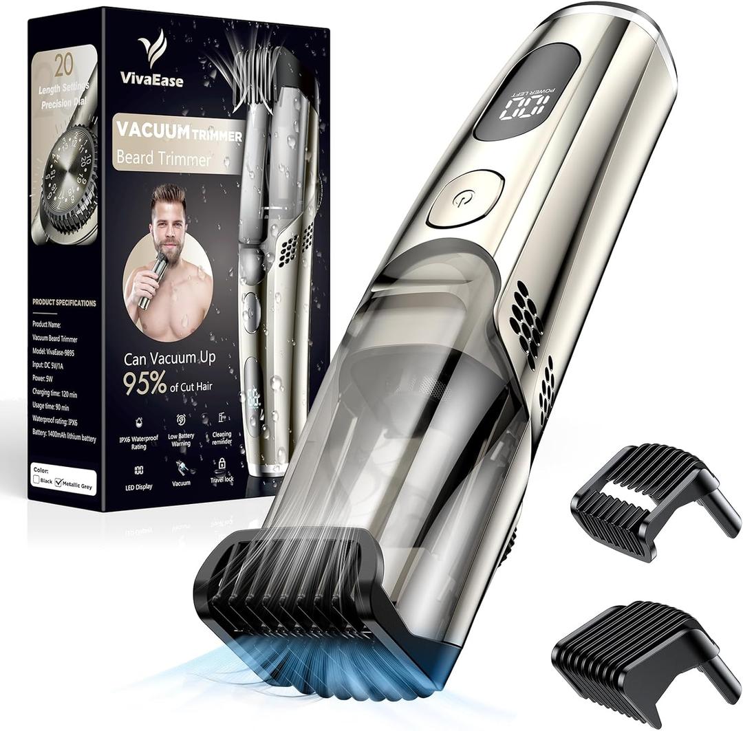 Vacuum Beard Trimmer for Men, New Version Adjustable Precision Trimming Length with 2 Comb