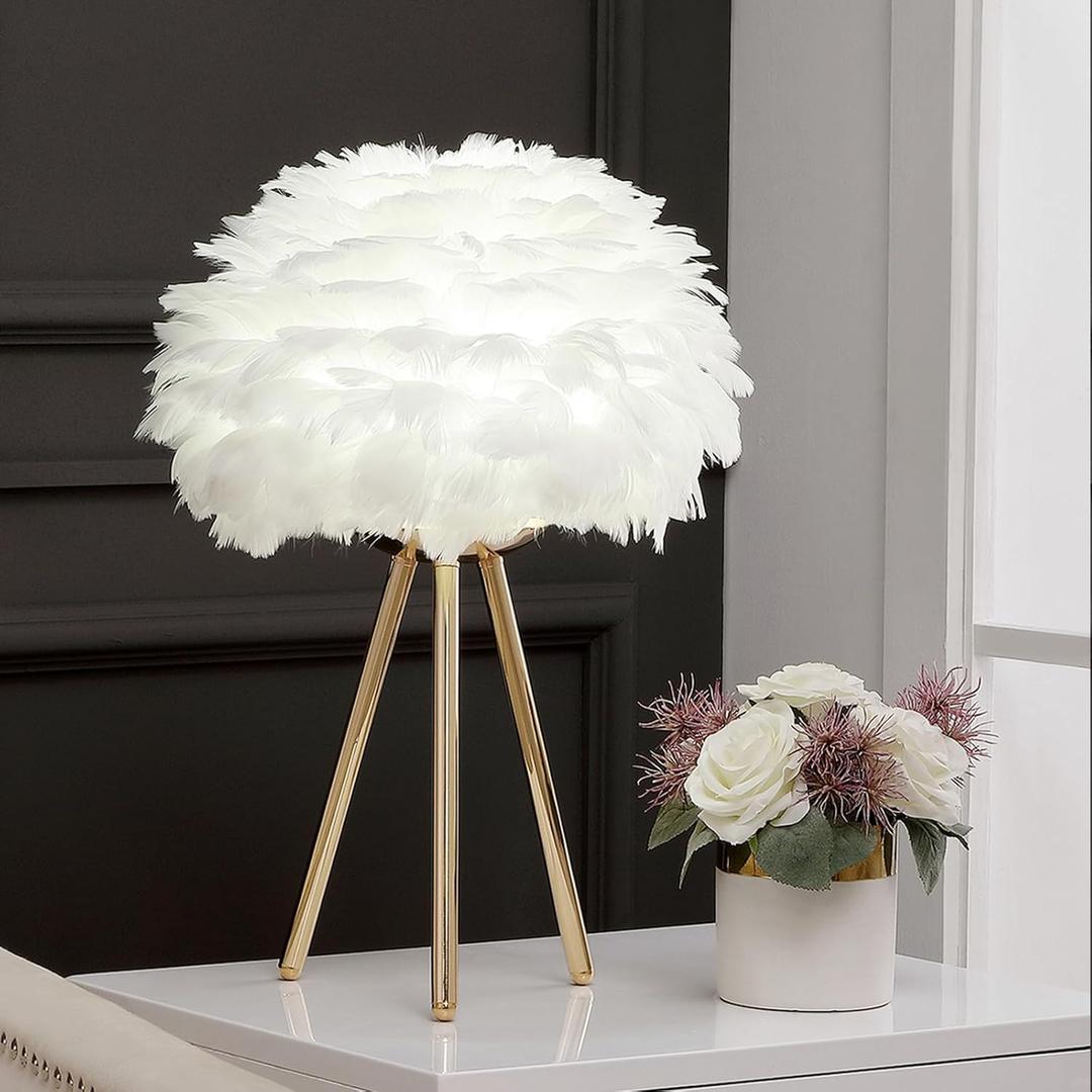 White Feather Lamp Tripod Lamp for for Girls Bedrooms Living Room Aesthetic Decor Desk Lamp Unique Bedside Lamps Gold Large Table Lamp (Tripod lamp - White)