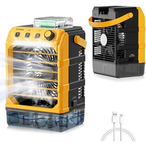 Rozlchar Portable Cooling Fan Compatible for Dewalt 20V 60V Battery(No Battery) w/USB Input Powered, Outdoor Camping Fan w/Mist, Timing Function, 1600mL Water Tank & LED for Home, Outside, Camping